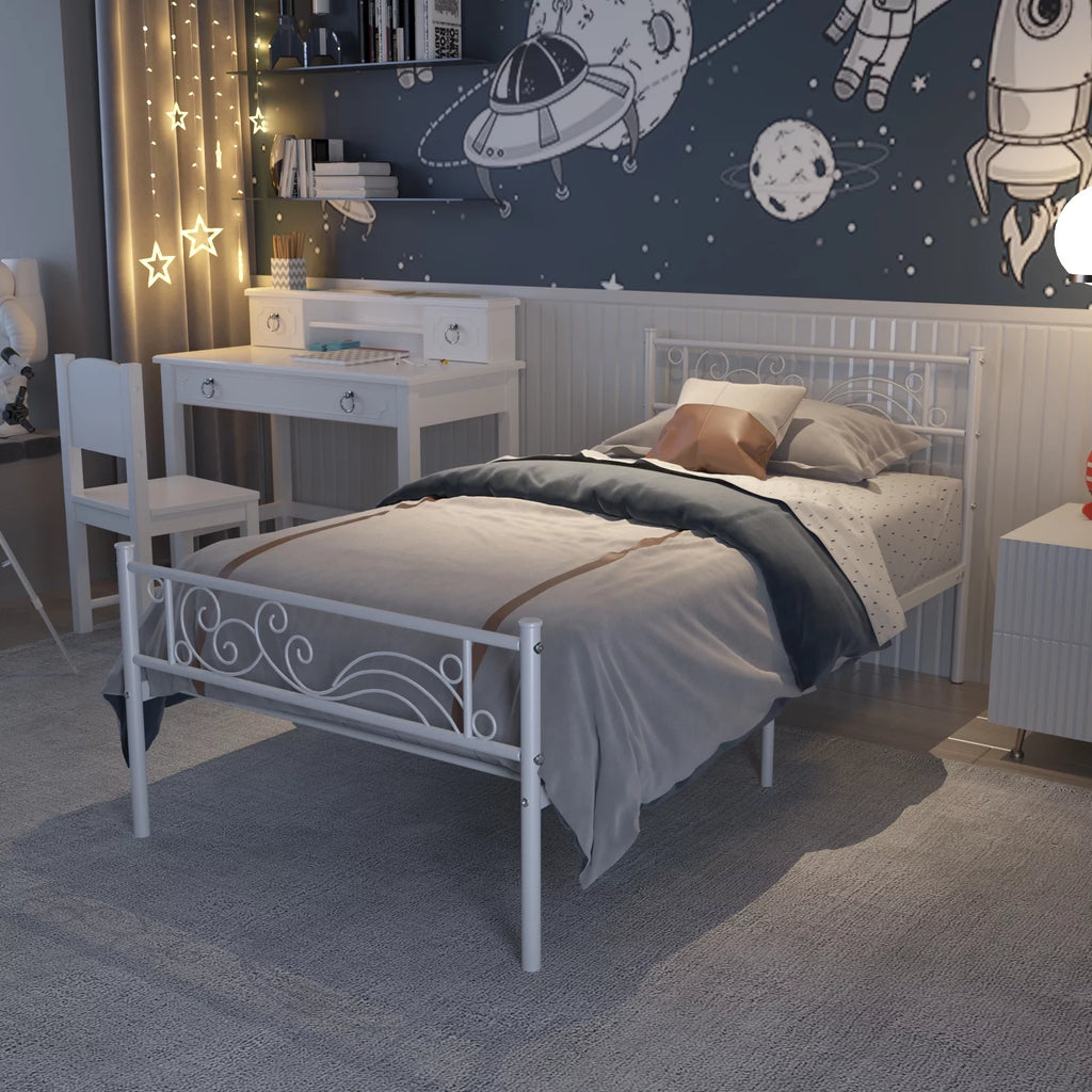 White Metal Twin Size Platform Bed Frame with Wave Headboard Y40340