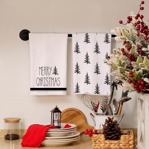 Christmas Kitchen Towels Set of 2 Black Xmas Tree Dish Towels 18x26 Inch R347