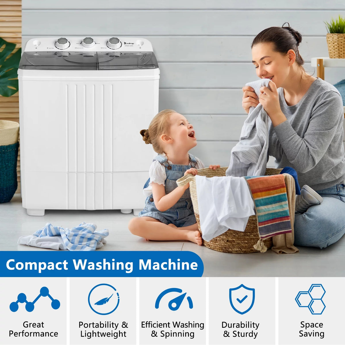 20LBS Portable Compact Twin Tub Washing Machine Washer Dryer, Gray Y372