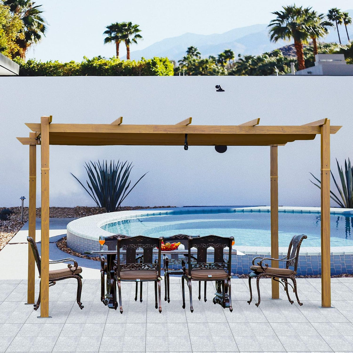 Aluminum Retractable Pergola with Natural Wood Looking Finish B3010