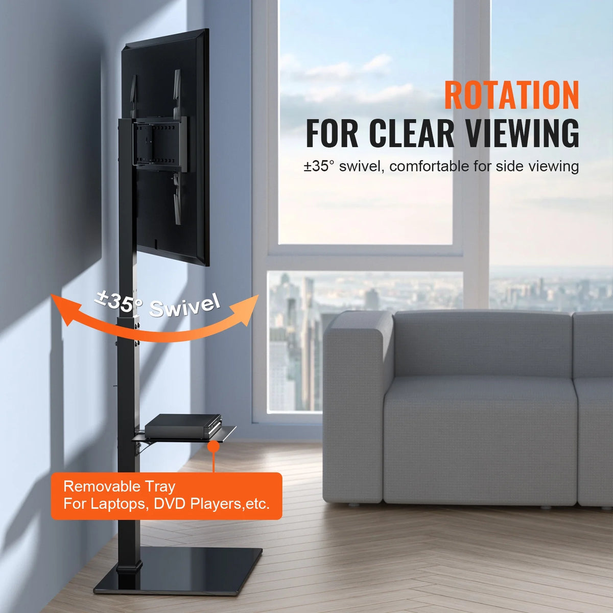 Modern Swivel Floor TV Stand for 32"-85" TVs Adjustable Height Glass K7150