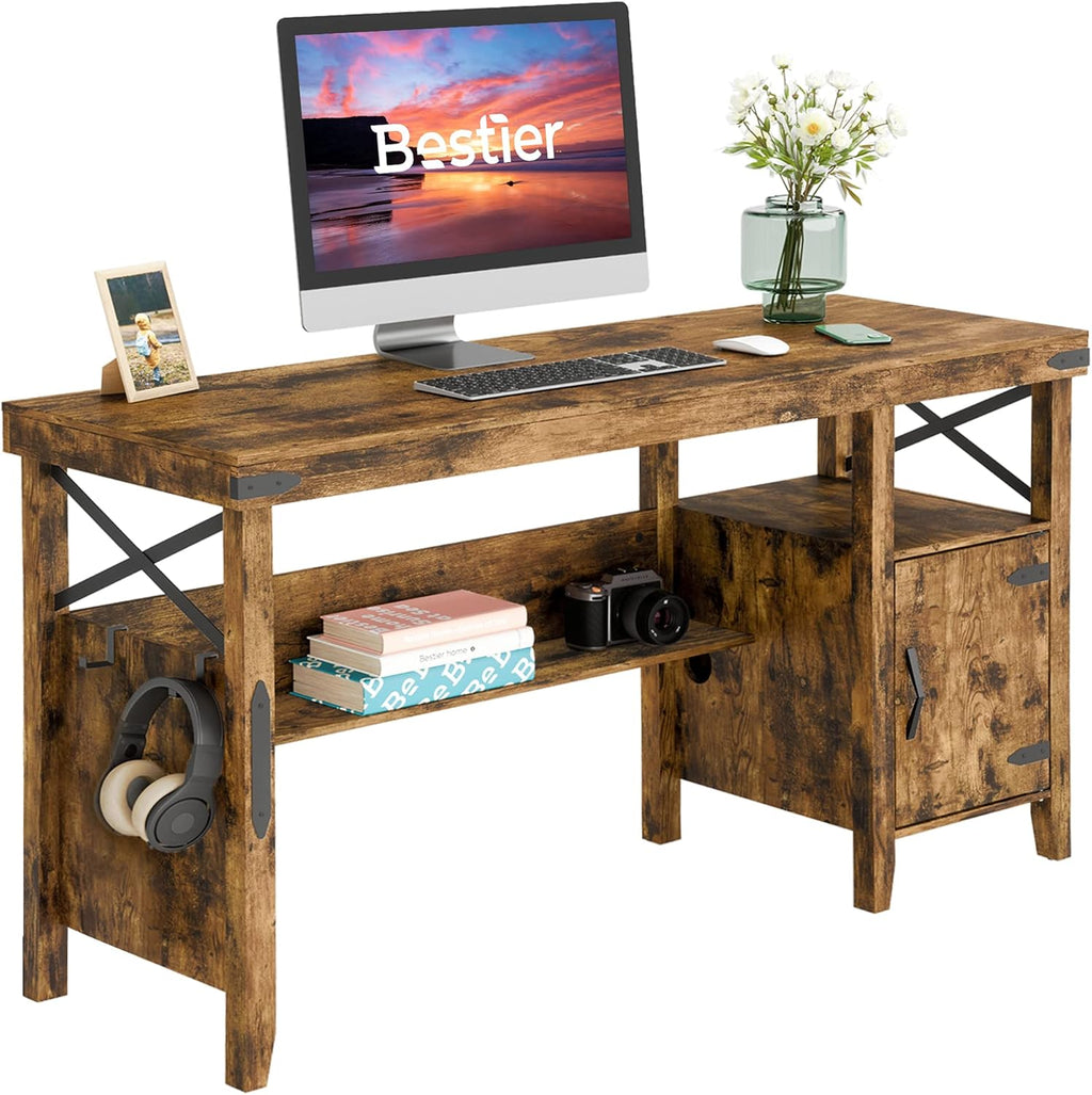 Rustic Brown Computer Desk with Storage Cabinet and Bookshelf E35221