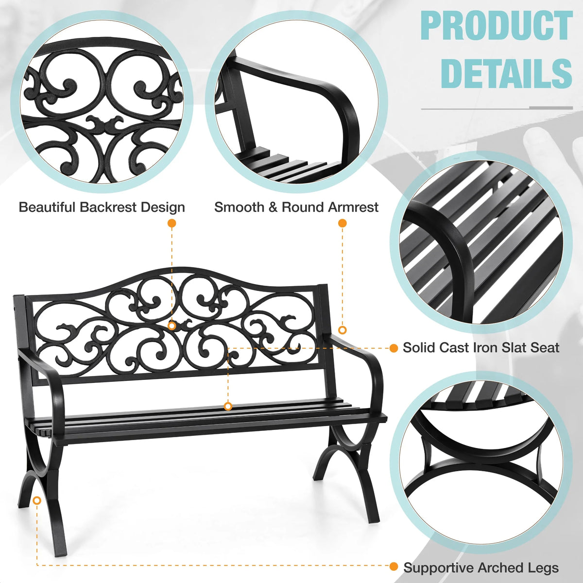 50" Black Patio Garden Bench F651037