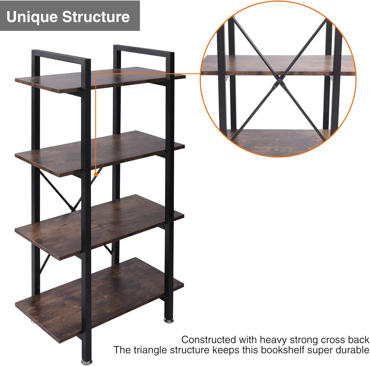 Industrial Bookshelf, 4 Tier Open Shelf Bookcase, Rustic Brown F85779
