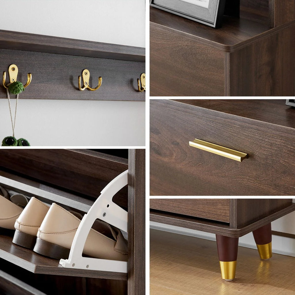 Brown Entryway Armoire Closet with 12 Hooks & 3 Shoe Cabinets U42820