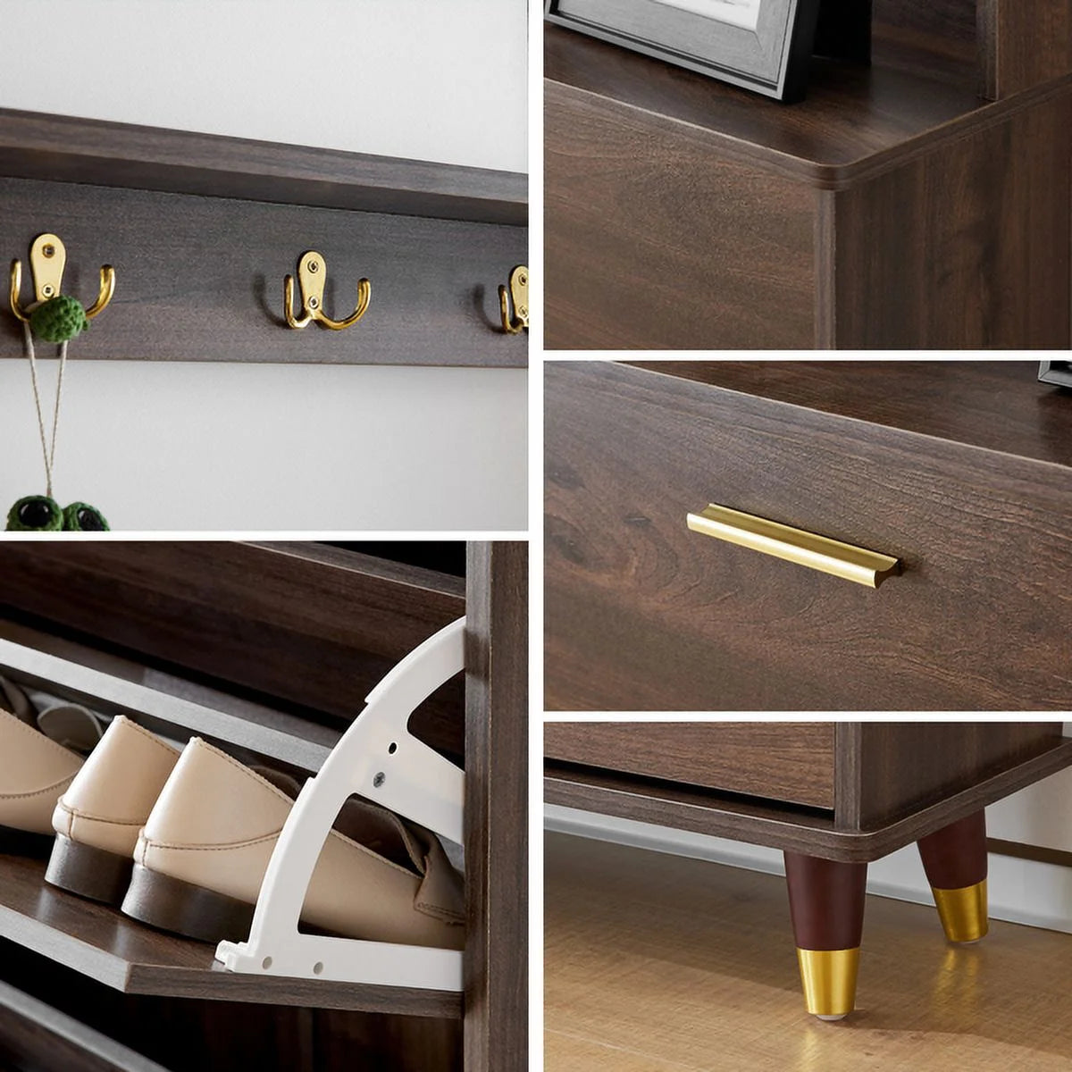Brown Entryway Armoire Closet with 12 Hooks & 3 Shoe Cabinets U42820