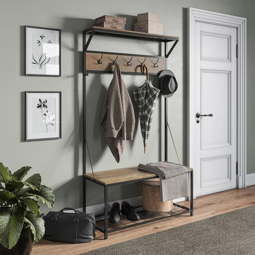 Industrial Entryway Storage Bench Shoe Rack with Black Metal Frame S322125