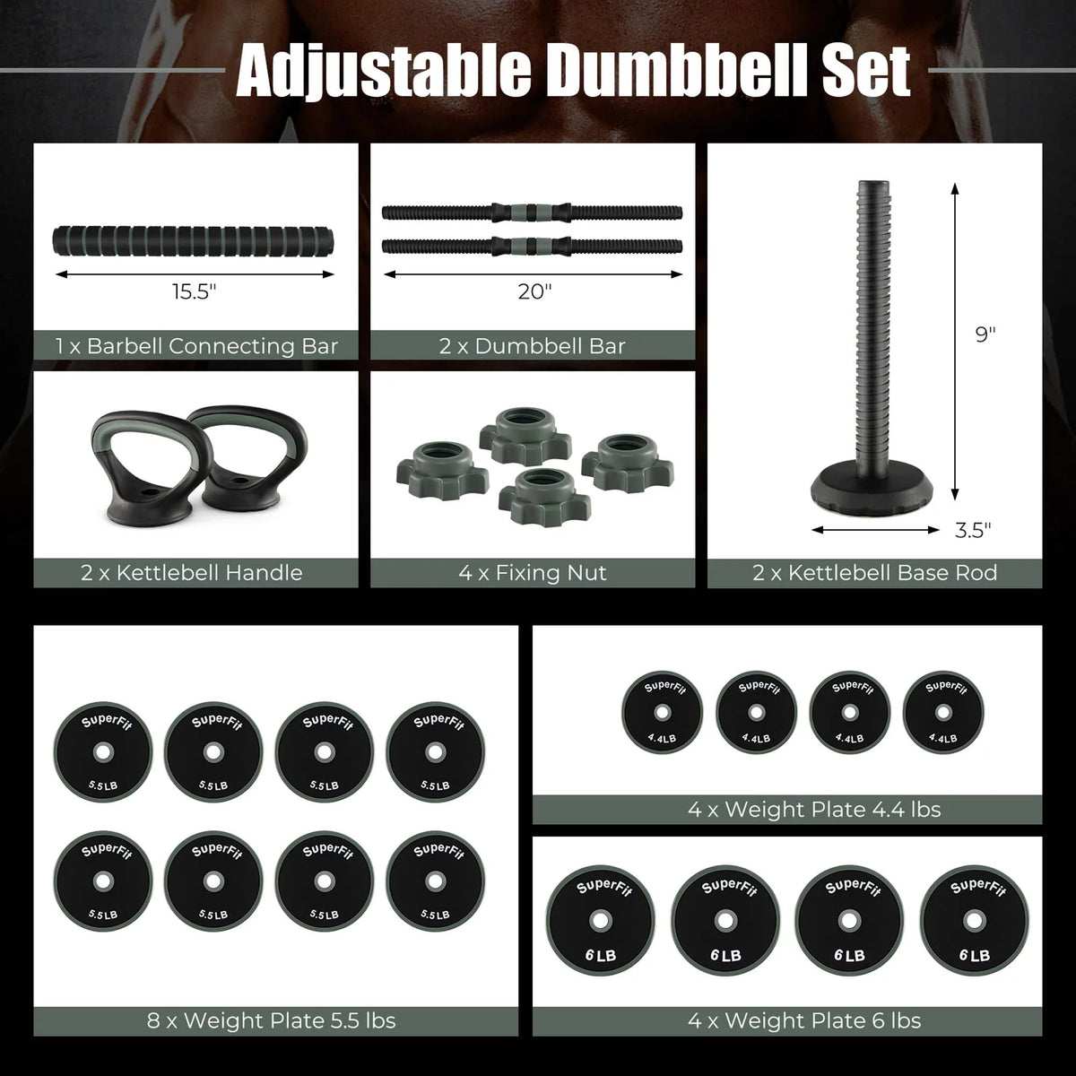 4 in 1 Adjustable Dumbbell Set 92lbs Q234766
