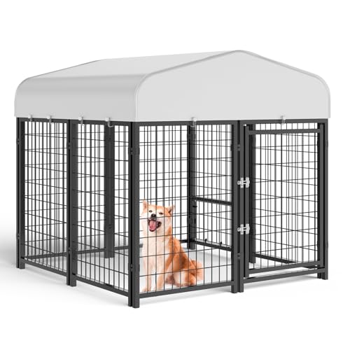 Outdoor Dog Kennel with Doggy Door, Swivel Feeder & Roof, 8x4x6 Large Heavy Duty Cage Enclosure P124058