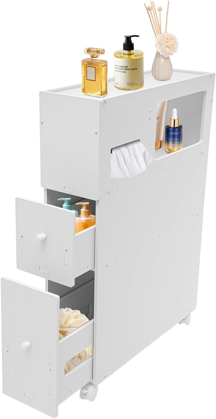 White Slim Rolling Bathroom Storage Cabinet T813