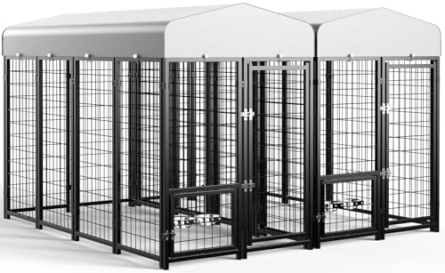 Outdoor Dog Kennel with Doggy Door, Swivel Feeder & Roof, 8x4x6 Large Heavy Duty Cage Enclosure P124058