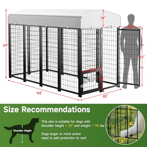 Outdoor Dog Kennel with Doggy Door, Swivel Feeder & Roof, 8x4x6 Large Heavy Duty Cage Enclosure P124058
