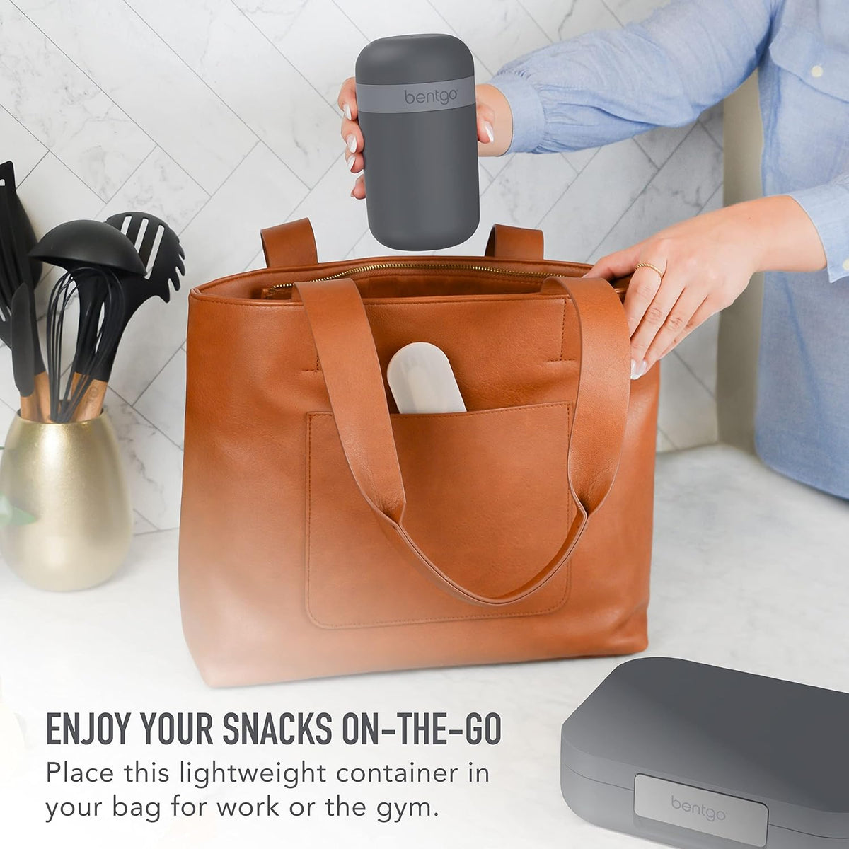 Dark Gray Bento-Style Lunch Box Set With Reusable Snack Cup W2463