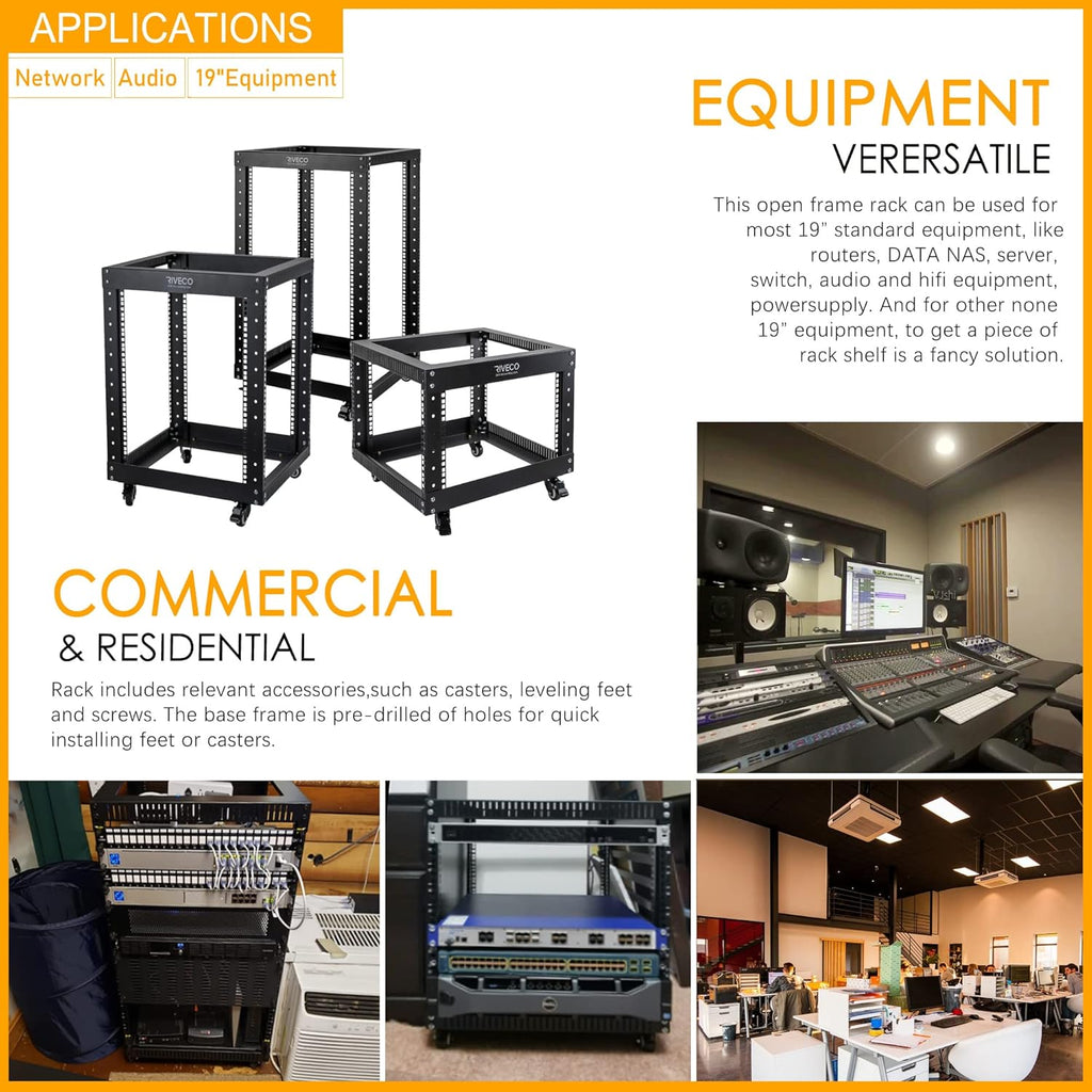 9U Open Frame Server Rack with Casters Black A8029
