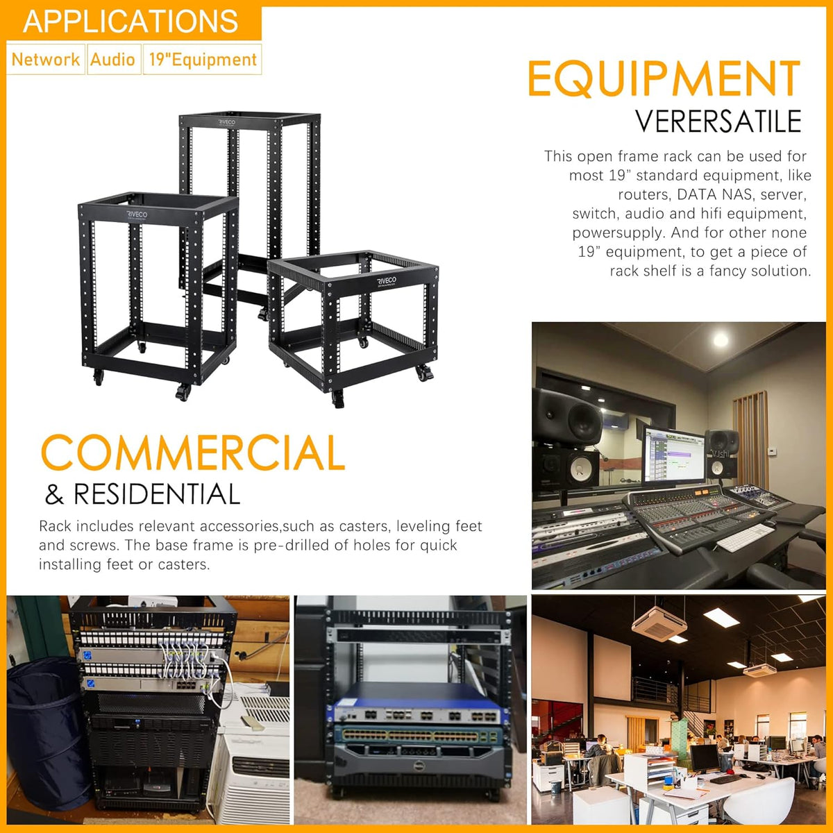 9U Open Frame Server Rack with Casters Black A8029