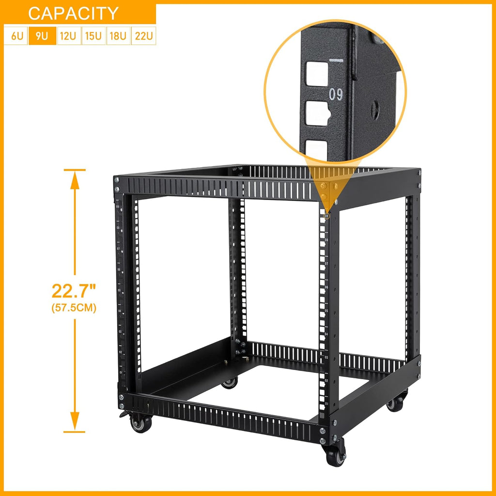 9U Open Frame Server Rack with Casters Black A8029