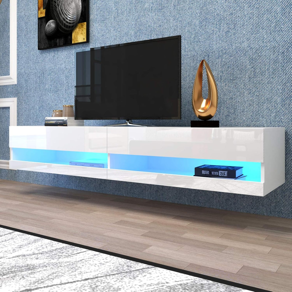 Black Wall Mounted TV Stand with LED Lights and Storage S915723