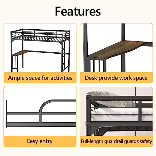 Black Metal Loft Bed Twin Size with Desk and Ladder O190
