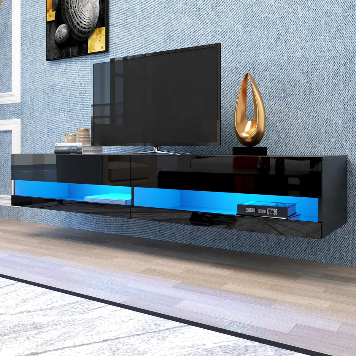 Black Wall Mounted TV Stand with LED Lights and Storage S915723