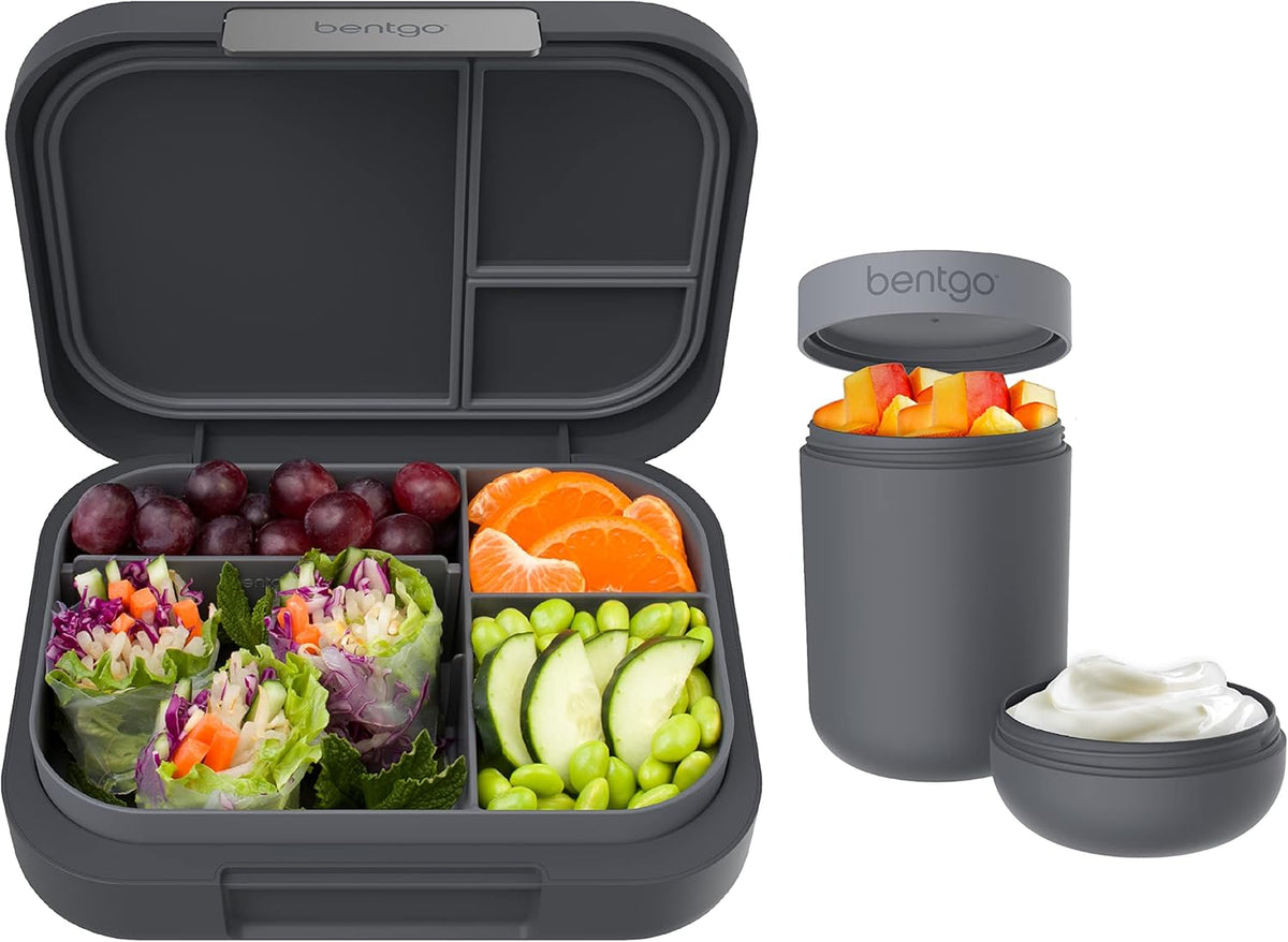 Dark Gray Bento-Style Lunch Box Set With Reusable Snack Cup W2463