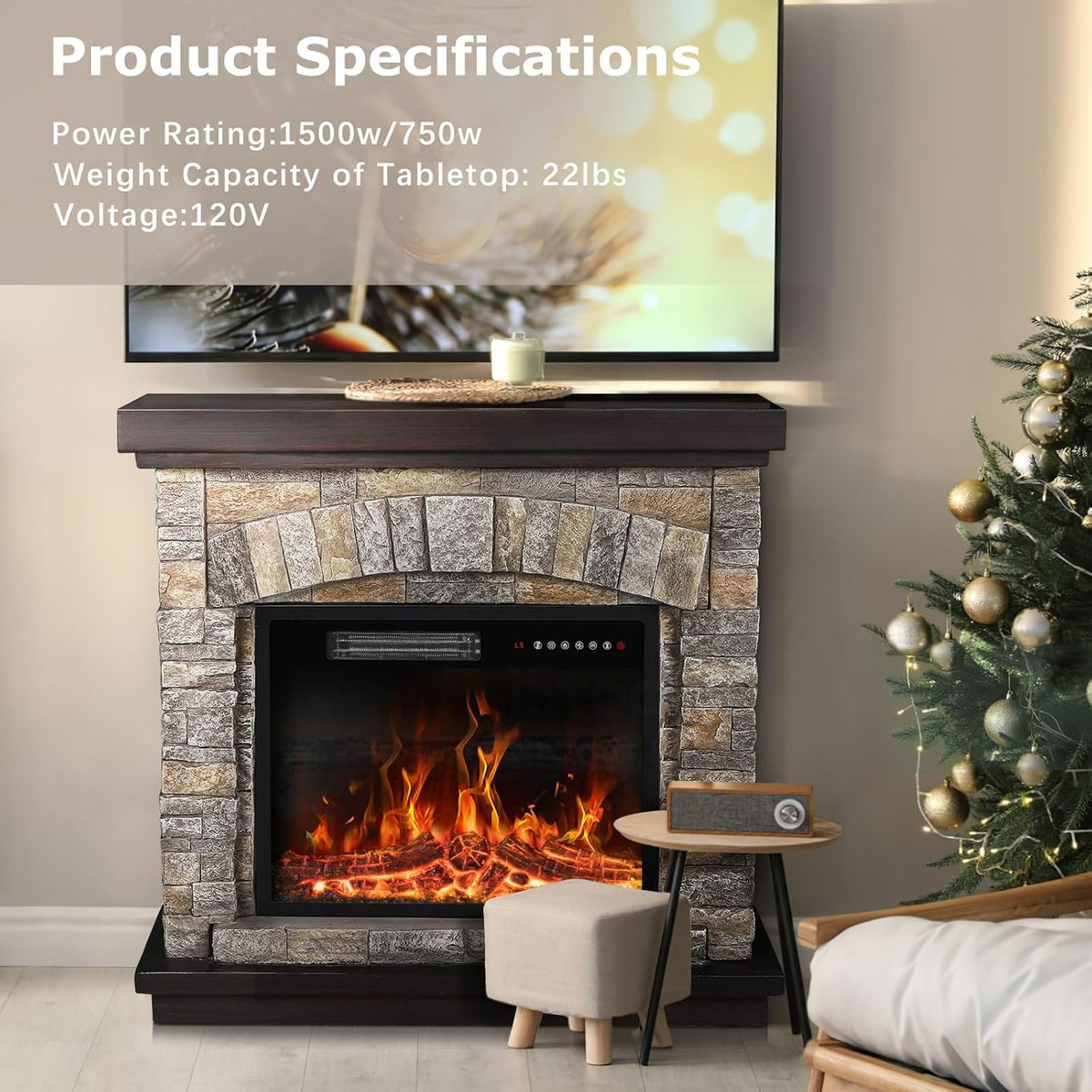 36 inch Freestanding Stone Electric Fireplace Heater TV Stand with Remote Control L313680