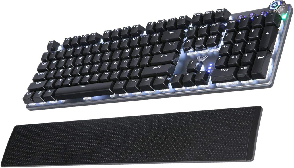 PC Gaming Keyboard with Detachable Hand Rest, White LED Backlit, 104-Keys USB Wired Mechanical Keyboard W82305