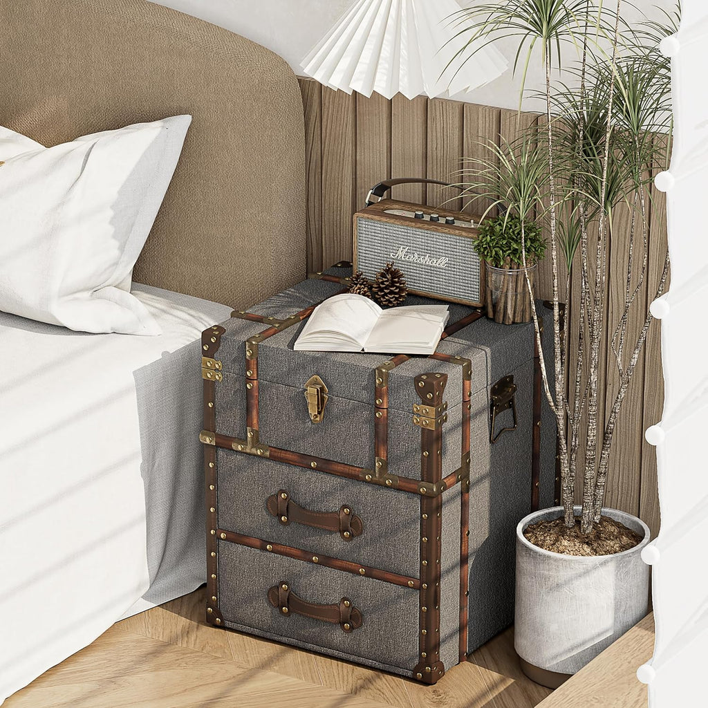 Grey Linen Storage Chest with Hinged Top F90395