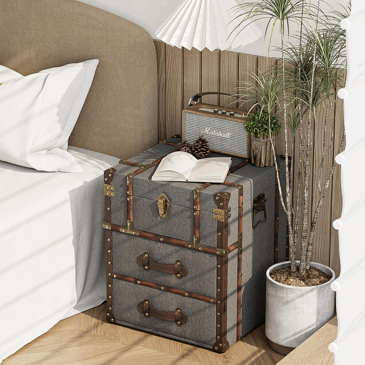 Grey Linen Storage Chest with Hinged Top F90395