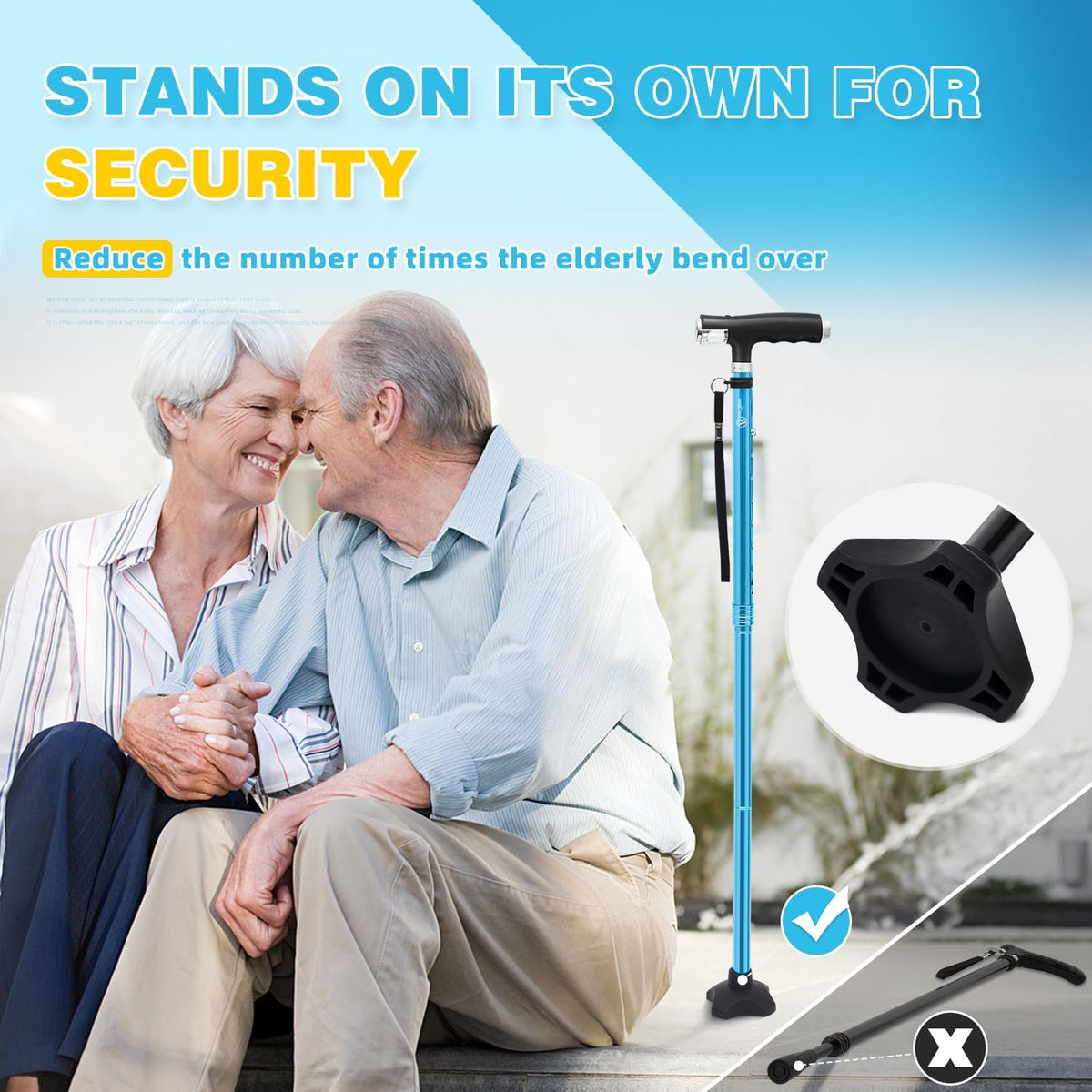 Folding Walking Cane with Two Led Lights Quad Cane T653726