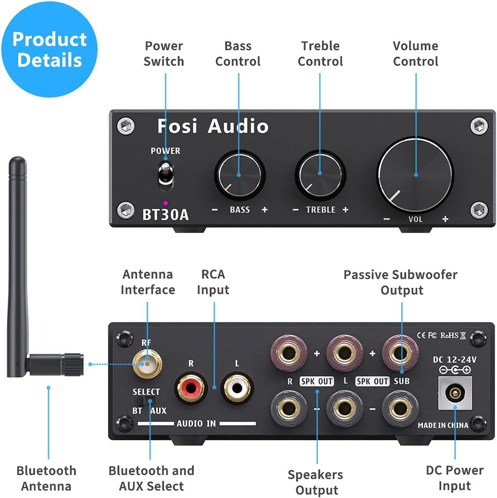 Bluetooth 5.0 Stereo Audio Amplifier 2.1 Channel Class D Mini Hi-Fi Integrated Digital Amp with Bass and Treble Control 50Watt x2+100Watt for Home Passive Speakers Subwoofer Pack of 2 Y7992