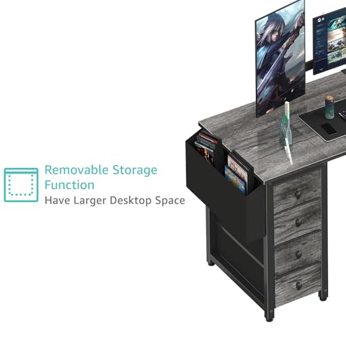 Black L Shaped Gaming Desk with Drawers & Storage Shelves, 47 Inch, Power Outlet T93844
