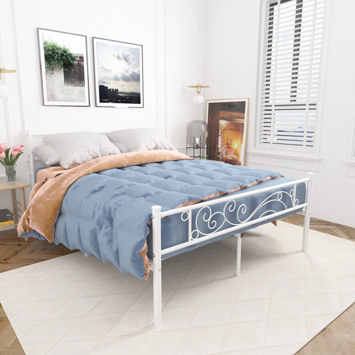 White Metal Twin Size Platform Bed Frame with Wave Headboard Y40340