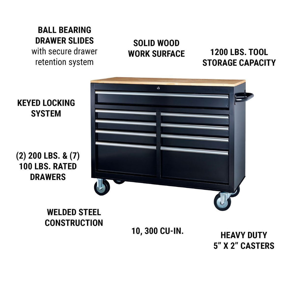 Black 9-Drawer Mobile Storage Cabinet with Solid Wood Top T7446