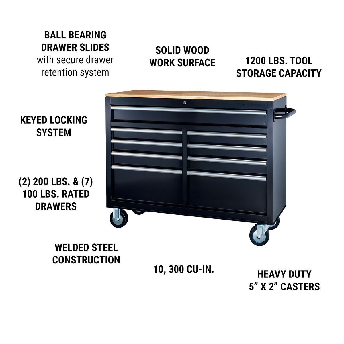 Black 9-Drawer Mobile Storage Cabinet with Solid Wood Top T7446