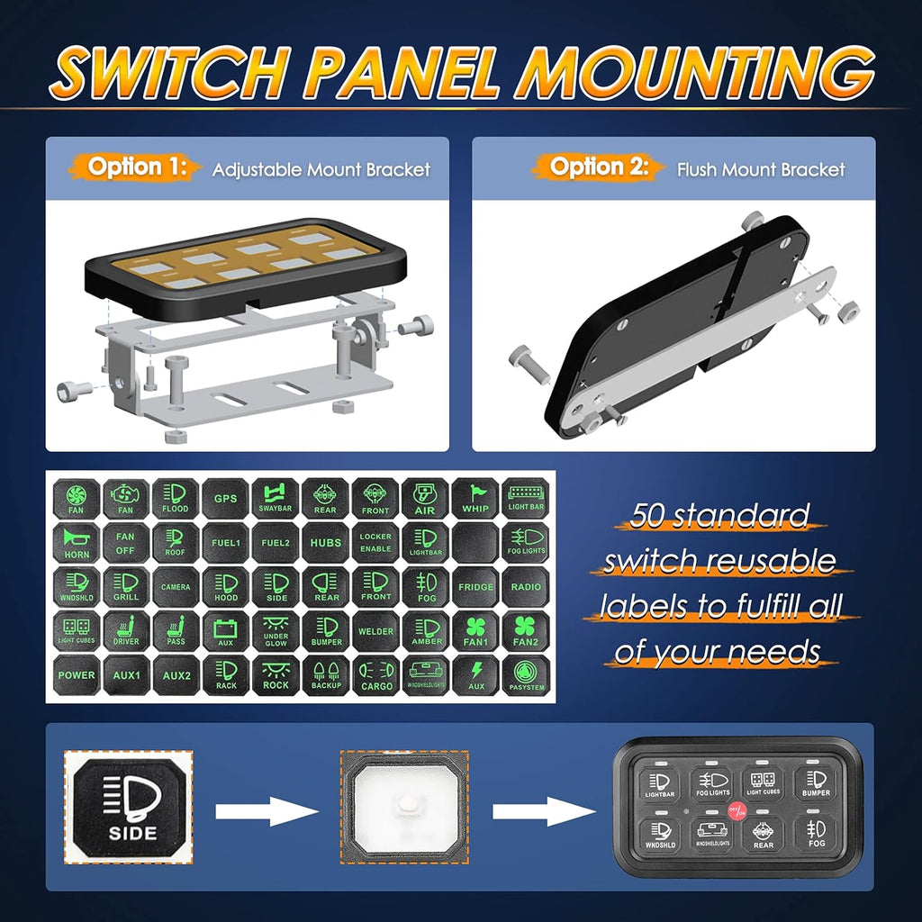8 Gang Switch Panel with Label Stickers and Harness H483