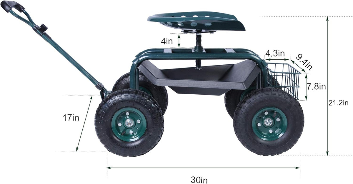 Green Steerable Garden Stool Cart with Tool Tray and Storage Basket on Wheels V455