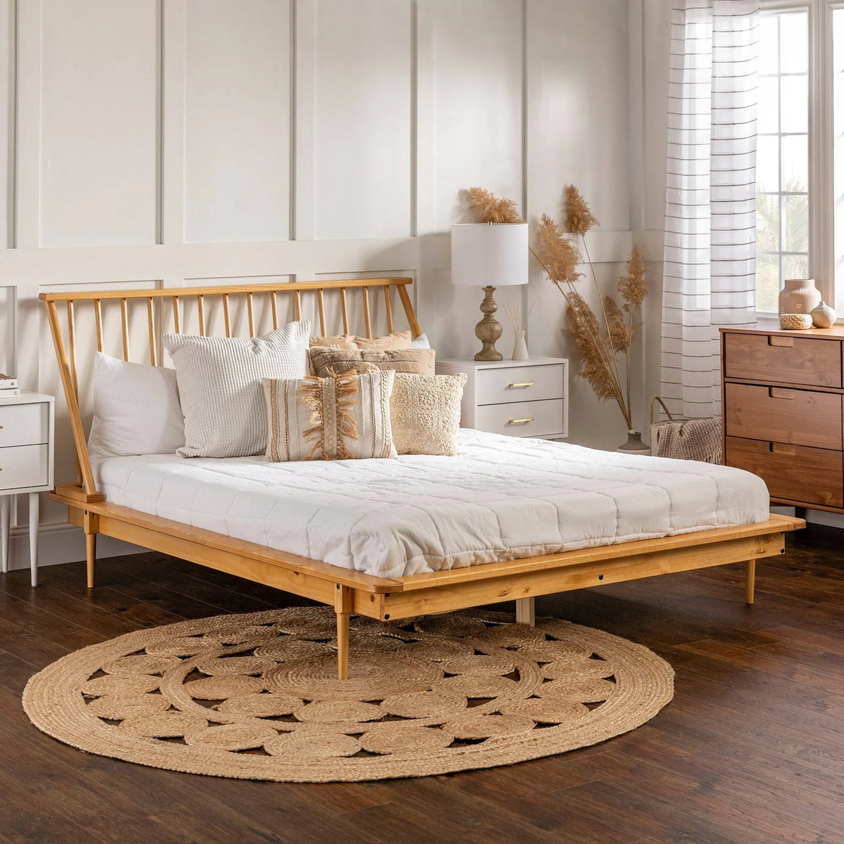 Solid Pine Wood Spindle Bed - Light Oak - Queen S9713