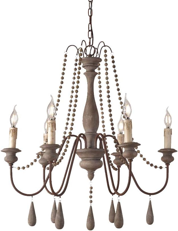 French Country Wood Bead Chandelier, 6 Lights, Gray N83938