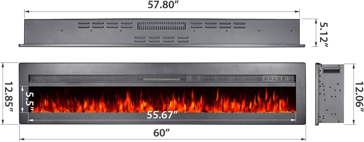 Black 60 Inch Wall Recessed Electric Fireplace with Remote M69644