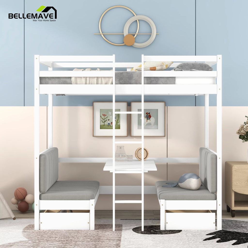 Twin Size Loft Bed with Desk, Seat and Two Storage Drawer, White T3883