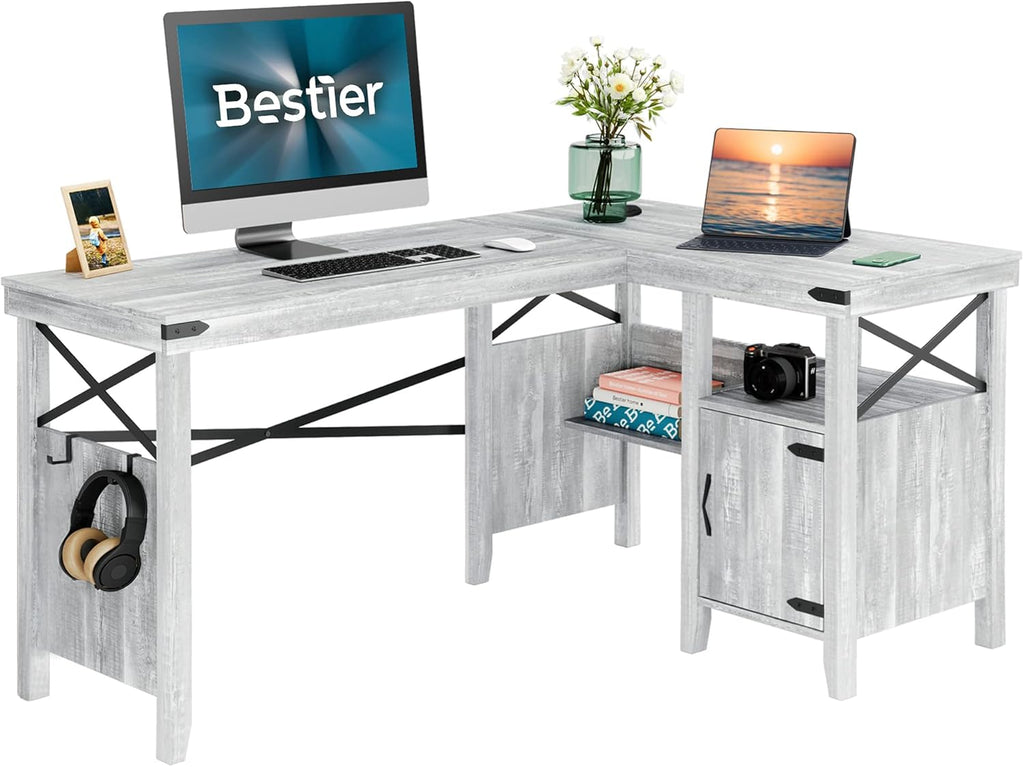 Rustic Brown Computer Desk with Storage Cabinet and Bookshelf E35221