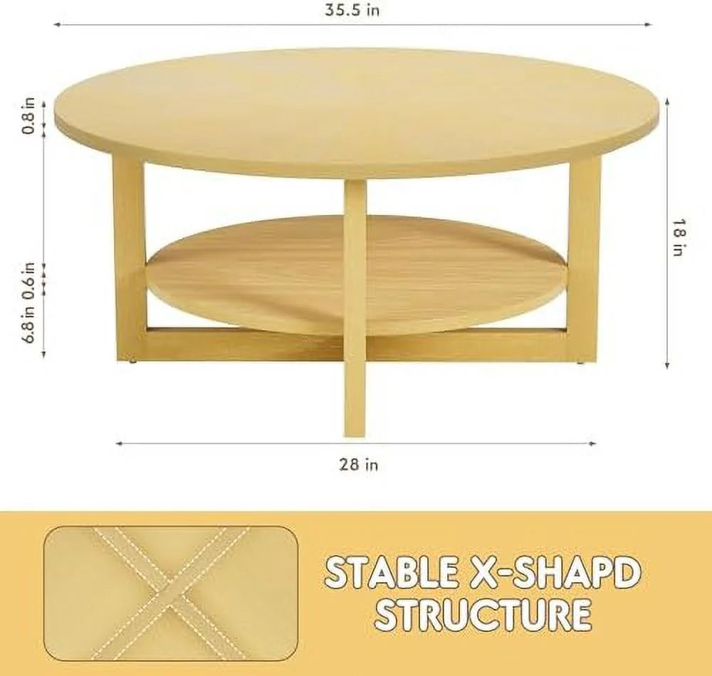 Round 2-Tier Solid Wooden Coffee Table with Shelf M643