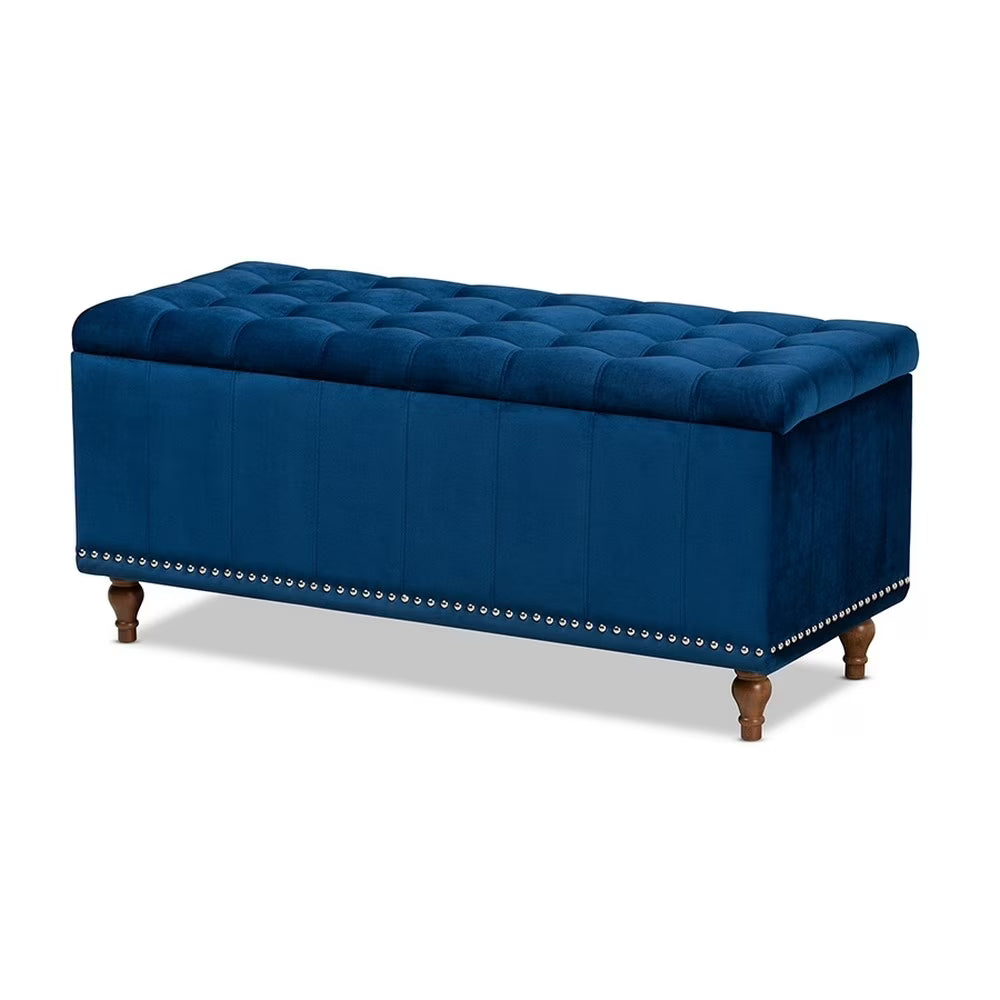 Navy Blue Velvet Button-Tufted Storage Ottoman Bench S111131