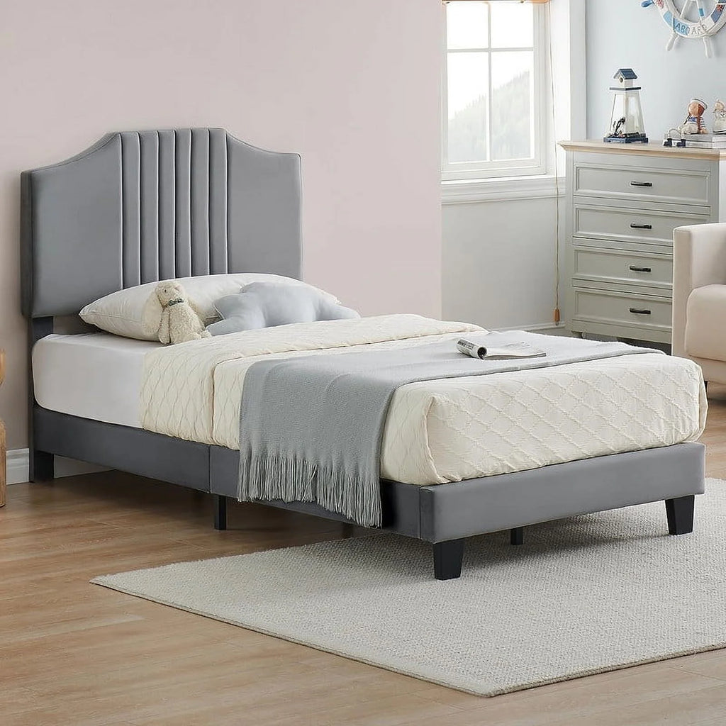 Twin Size Velvet Upholstered Platform Bed Frame with Headboard R12244