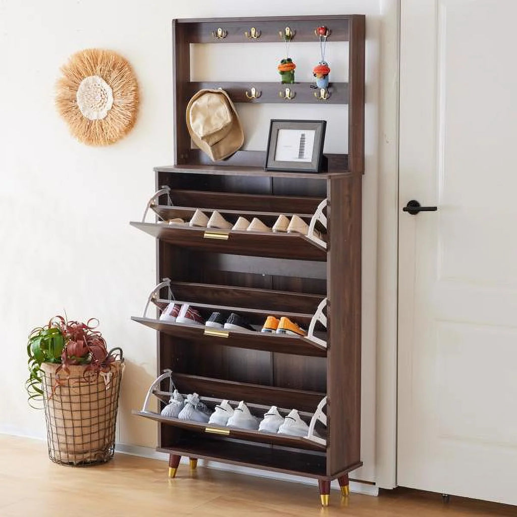 Brown Entryway Armoire Closet with 12 Hooks & 3 Shoe Cabinets U42820