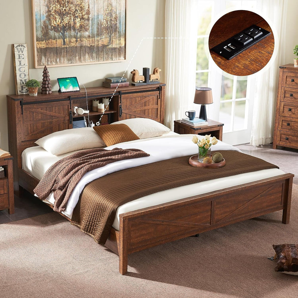 King Platform Bed Frame with Storage Headboard and Charging Station R912