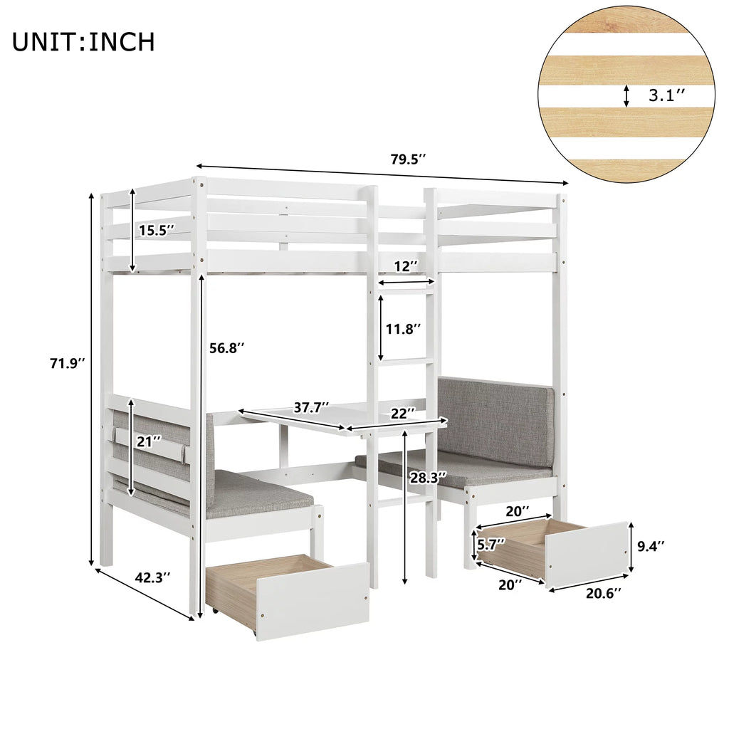 Twin Size Loft Bed with Desk, Seat and Two Storage Drawer, White T3883