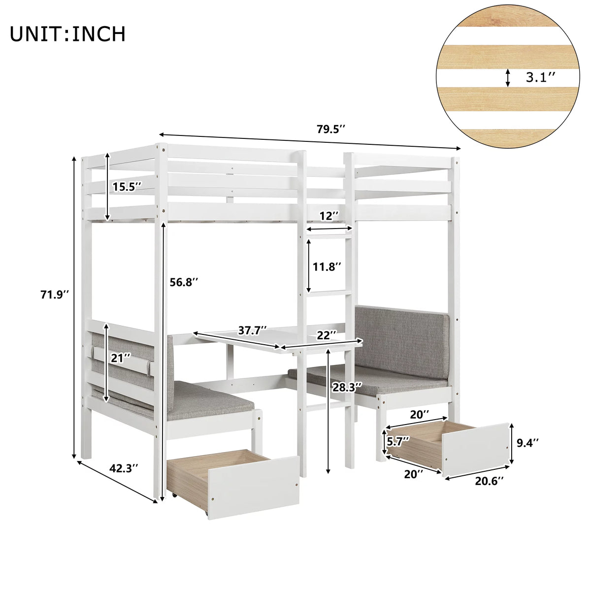 Twin Size Loft Bed with Desk, Seat and Two Storage Drawer, White T3883