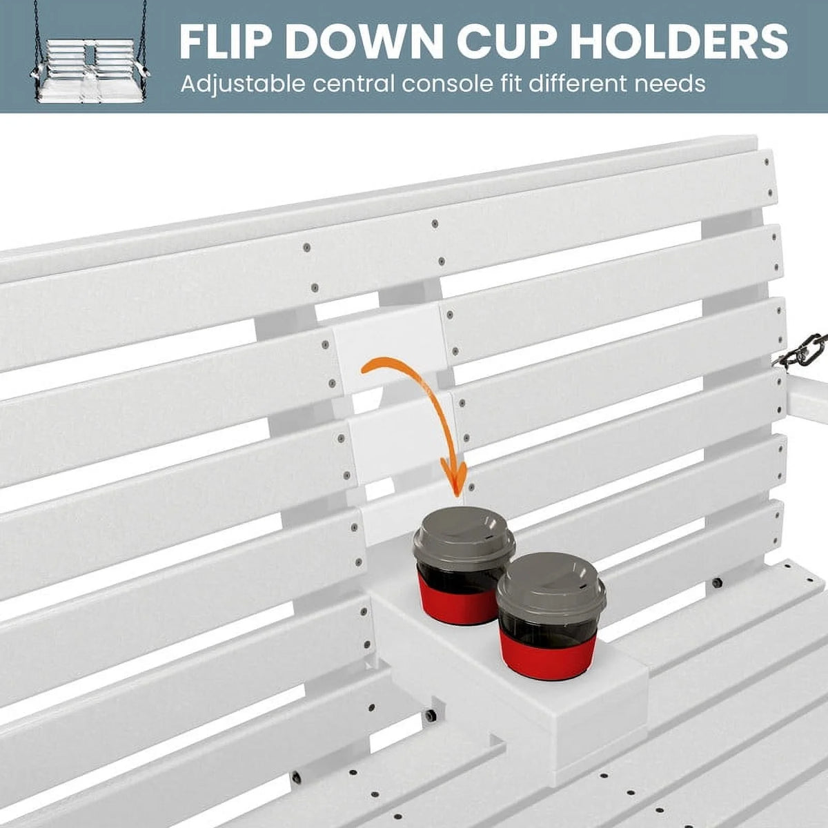 White 3 Person Plastic Hanging Porch Swing Bench Chair with Cup Holder C853227