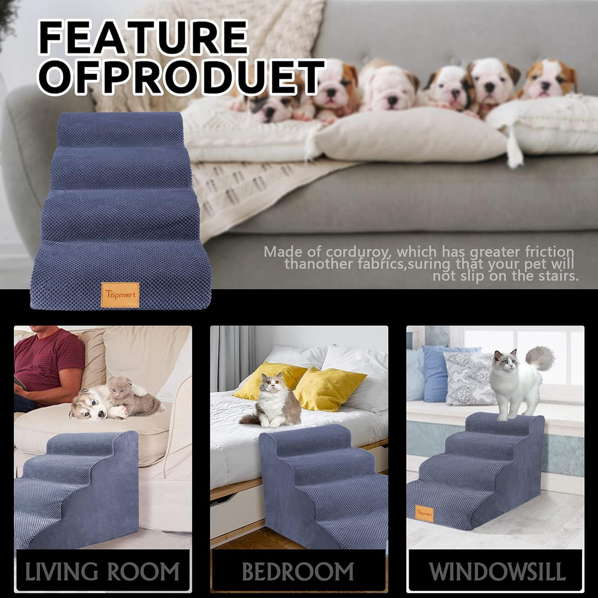 High Density Foam Dog Steps 4 Tiers, Non-Slip Pet Stairs H160545